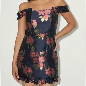 Lulu's Navy and Pink Strapless Floral Dress
